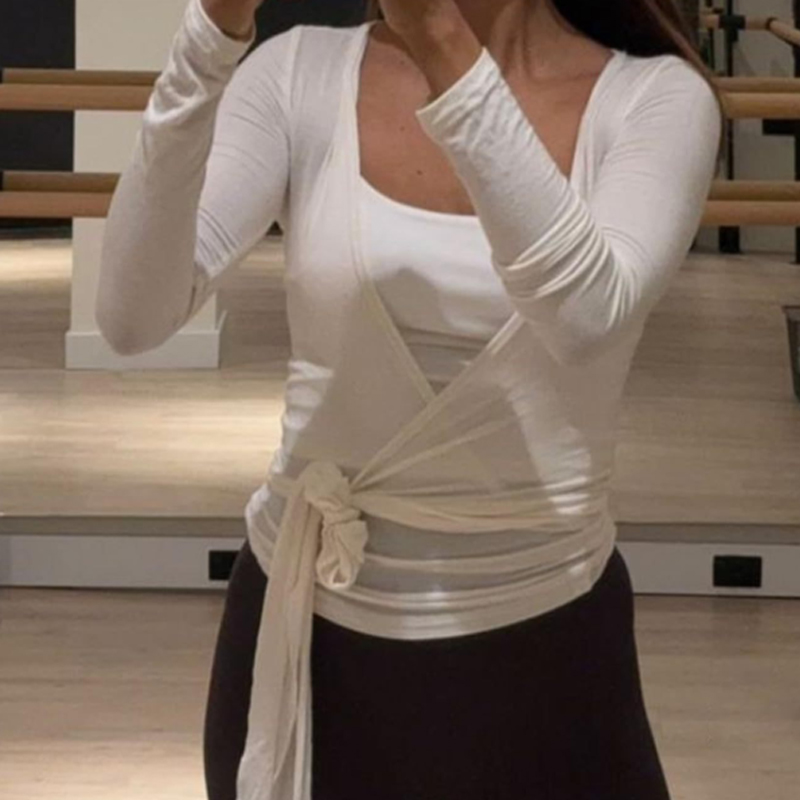 Pilates V Yoga - เสื้อครอปท็อปผู้หญิงแบบเซ็กซี่ แขนยาว คอวีลึก ผูกเชือก เหมาะสำหรับออกกำลังกาย บัลเลต์