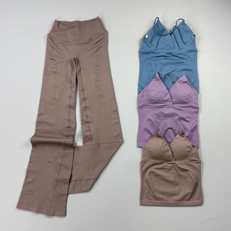 Pilates Yoga Legging - ชุดโยคะออกกำลังกายไร้รอยต่อสำหรับผู้หญิง 2 ชิ้น เสื้อกล้ามสายเดี่ยวบาง กางเกงเลกกิ้งเอวไขว้ทรงบาน ช่วยกระชับสะโพก